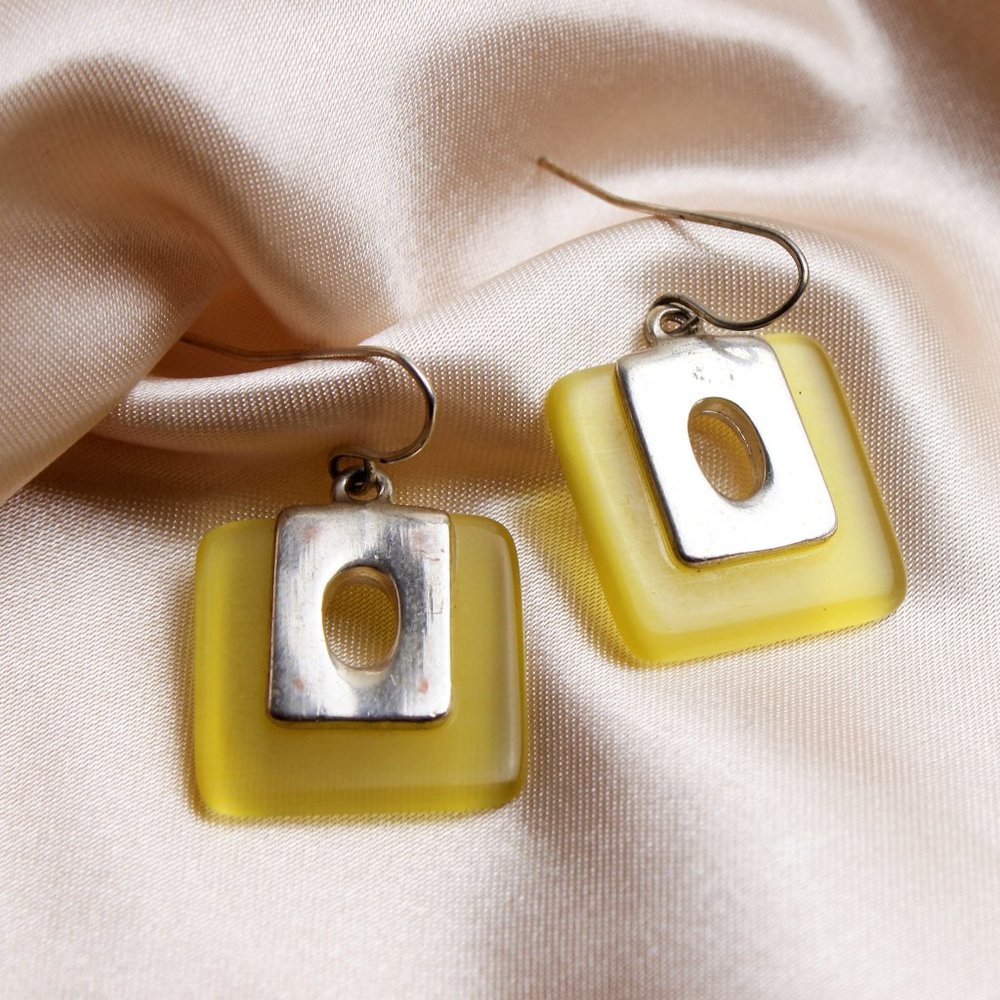 🌹Vintage yellow square silver Fish hook earring